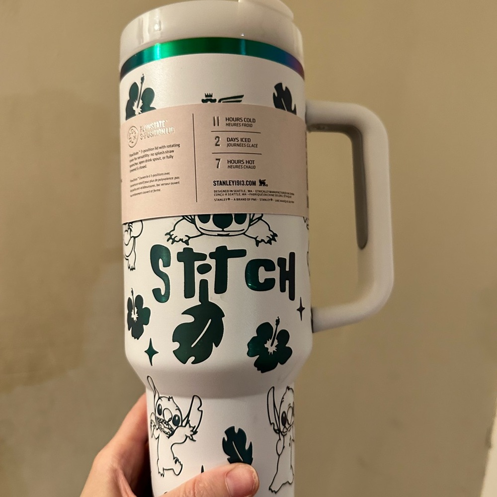 Stanley White Travel Mug with Iridescent Teal Band